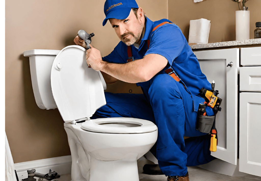 Plumber fixing a leaking toilet, representing toilet repair services.